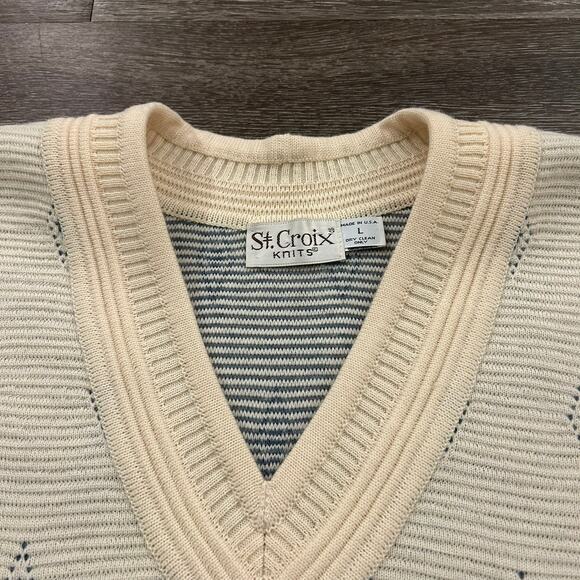 EUC Vintage St. Croix Knits Wool V Neck Sweater Cream Blue Diamond USA Made Sz L - Picture 9 of 16